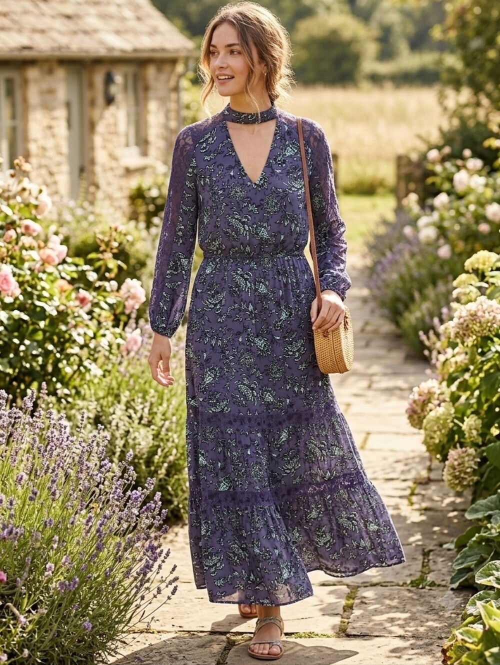 Belle Sky Maxi Dress Lace Detail Womens Medium Floral Boho Western Farmhouse